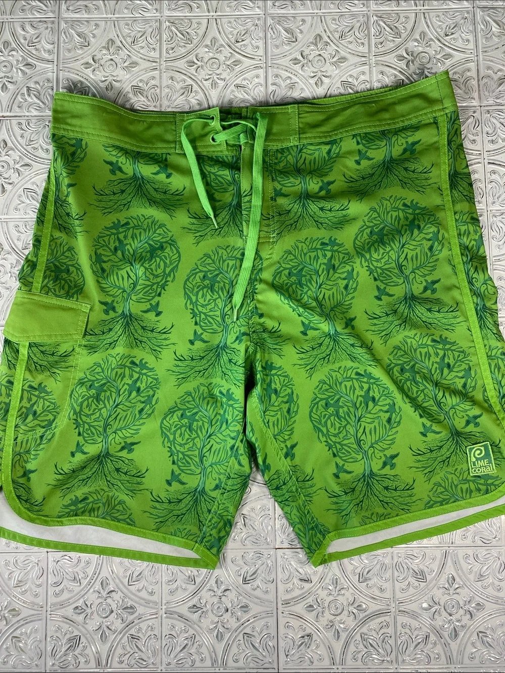 Lime Coral Board Shorts Mens 36 Green Tree Bird Print Swim Surf Beach Shorts